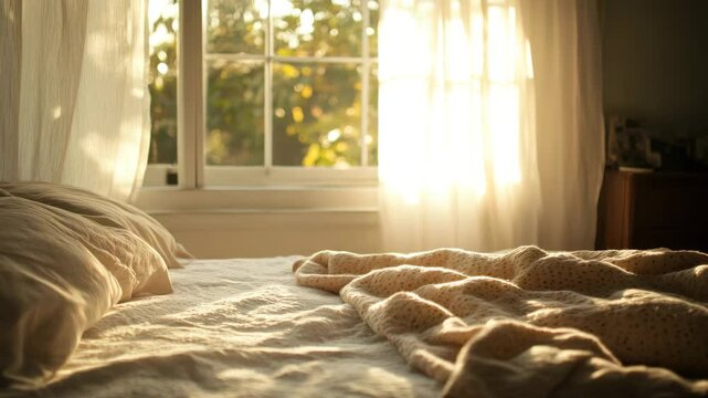 Cozy bedroom bathed in warm sunlight streaming through window with soft pillows and rumpled blanket, creating peaceful and soft morning atmosphere filled with gentle light and calm energy
