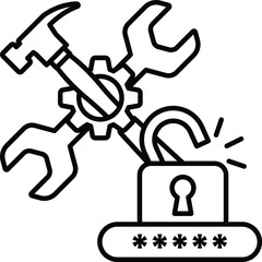 A black and white image of a lock with a hammer and wrench on top of it