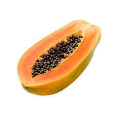 Whole and halved ripe papaya fruit with seeds on a white background. this image perfect for juice bars, fruit stores, and restaurants.