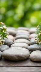 Nature photo of smooth gray and beige stones with white-orange flowers and green foliage. Soft bokeh background and diffused light create a tranquil, balanced composition.

