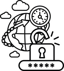 A black and white drawing of a laptop with a keypad and a clock