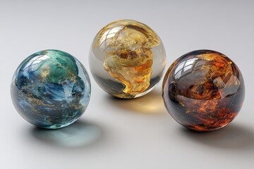 Three decorative glass spheres filled with mesmerizing abstract color patterns on display