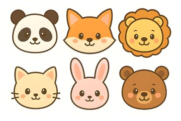 Fototapeta premium Cute Kawaii Animal Faces Vector Set – Cartoon Panda, Fox, Lion, Cat, Rabbit, and Bear in Pastel Colors