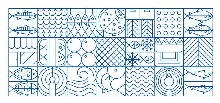 Seafood and fish geometric pattern in modern line mosaic shapes, vector background. Seafood and fish food pattern in blue thin line geometric shapes of salmon and tuna, flounder and mackerel caviar