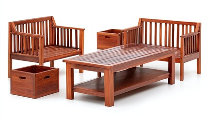 Elegant dark wood outdoor patio furniture set showcasing two chairs and coffee table