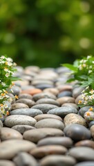 Nature photo of smooth gray and beige stones with white-orange flowers and green foliage. Soft bokeh background and diffused light create a tranquil, balanced composition.

