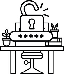 A black and white image of a desk with a laptop and a keypad