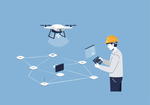 A construction worker uses a tablet to oversee a drone scanning a site, connected to a network of data points. Modern, tech-focused illustration.