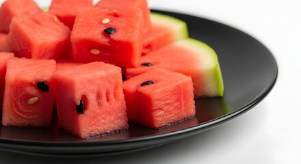 Fresh Watermelon Cubes on Black Plate Black Background
