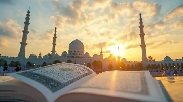 Islamic holy book Quran mosque sunset background spiritual atmosphere warm light peaceful sky open religious book Arabic script near mosque minaret dome warm light peaceful spiritual atmosphere open