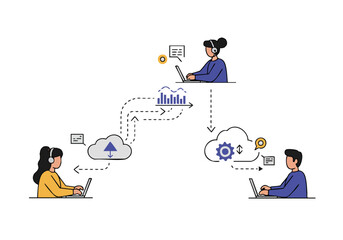 Team collaboration visualized through data flow. Two professionals use laptops, connected via cloud technology, showcasing seamless workflow and digital communication. Modern, clean illustration.