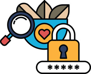 A blue cup with a magnifying glass on it and a heart on it