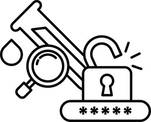 A black and white image of a lock with a key and a magnifying glass
