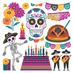 Fototapeta premium 2d vector Mexico festival Day of the Dead Culture and traditions decorations a skull, candle. 