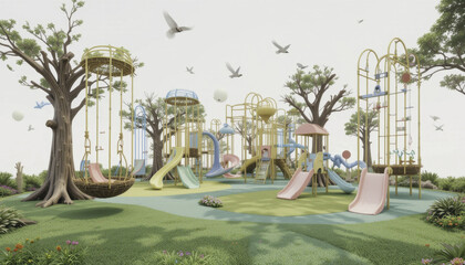 Whimsical playground with colorful slides, swings, and climbing structures surrounded by trees and flying birds creates joyful and imaginative atmosphere