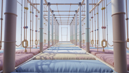 Colorful and whimsical playground structure with ropes and cushioned platforms creates fun and inviting atmosphere. pastel colors and open sky add to playful design