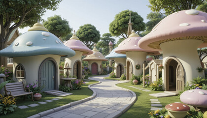 Whimsical village with mushroom shaped houses, colorful roofs, and winding path. Lush greenery and flowers create magical, fairy tale atmosphere. Bright, cheerful, and inviting scene
