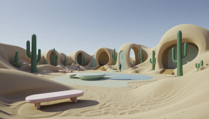 Surreal desert landscape features unique, dome shaped structures with large green cacti and pastel colored benches. scene is calm and imaginative, blending natural and architectural elements