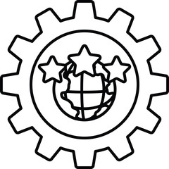 A black and white drawing of a gear with three stars and a globe