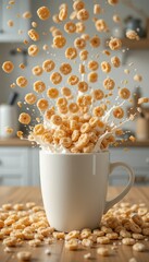 Dynamic Cereal Splash in Mug on Wooden Kitchen Countertop