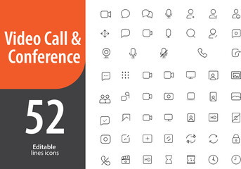 Video Call and Conference Line Icons, Webcam, Microphone, Group Chat, Screen Share, Mute Button, Editable Formats: AI, EPS, PNG, Ideal for Both Digital and Print Use
