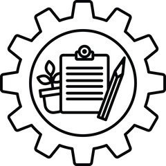 A black and white image of a plant, a clipboard, and a pencil