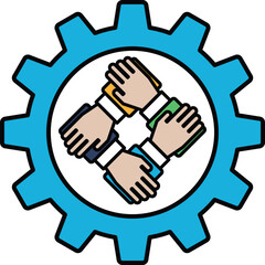 A blue and white logo with four hands holding each other