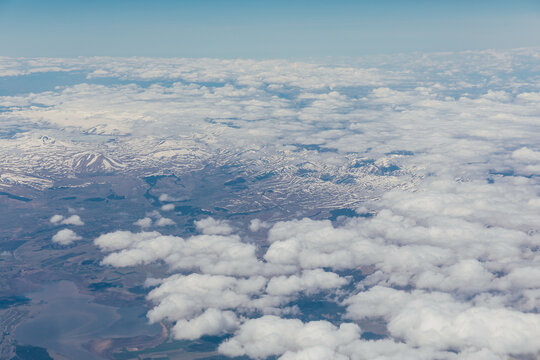 Landscape on the tops of the mountains of the Caucasus from an airplane elluminator