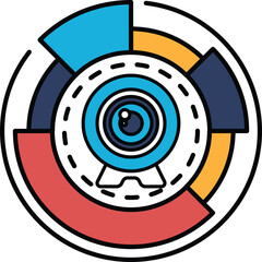 A colorful circle with a camera lens in the center