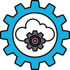 A blue and white graphic of a gear with a cloud in the middle