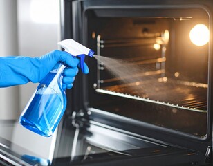 A gloved hand sprays cleaning solution inside an oven, preparing to clean the oven's interior surface.