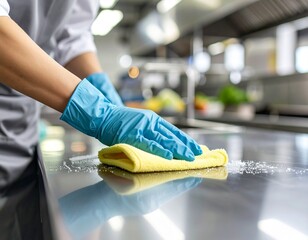 A gloved hand cleaning a stainless steel surface with a yellow cloth in a bright, modern kitchen setting.