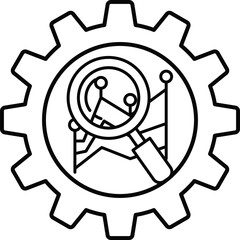 A black and white image of a gear with a magnifying glass on it