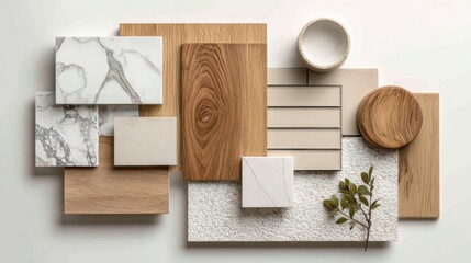 Ultra quality image of modern top view interior sample board including white marble, warm wood tones, ceramic tiles, and light beige textures, isolated.