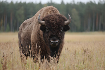 Big massive bison in the field. Bison tell ten yell day on 2nd September