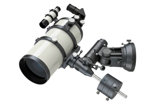 Large reflecting telescope on an equatorial mount for astronomy isolated on a transparent background