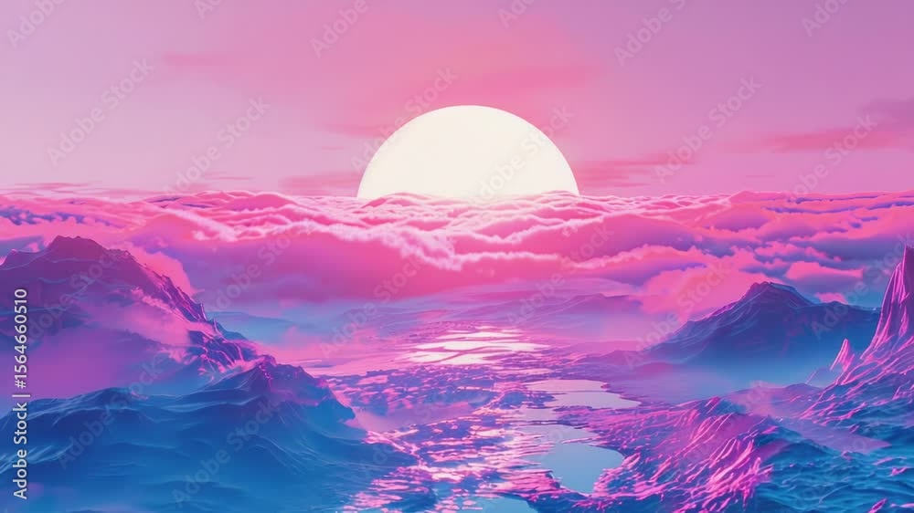 Poster Sunset over a mountain range with warm light and clouds