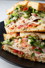 A closeup view of a turkey sandwich stack.