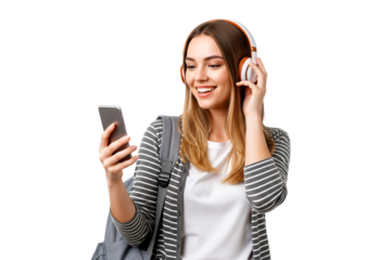 Beauty young woman with smartmobile and headphone on transparent