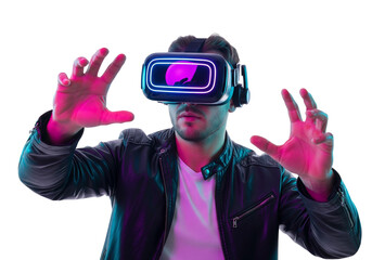 man playing video game with virtual reality headset, trying to touch something with hands in metaverse
