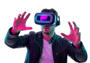 man playing video game with virtual reality headset, trying to touch something with hands in metaverse
