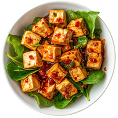 Spicy Tofu Salad with Fresh Spinach and Savory Sauce in a White Bowl on transparent background