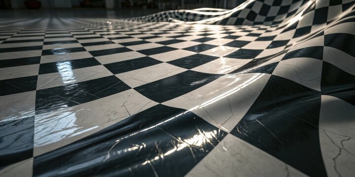 Warped and rippled black and white checkered floor with reflective surface