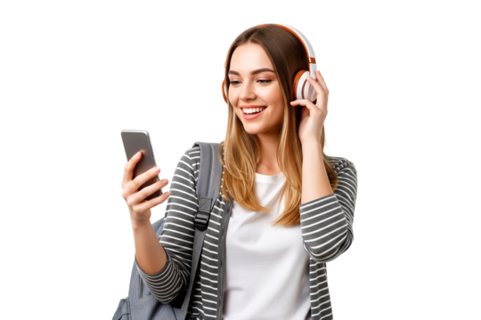 Beauty young woman with smartmobile and headphone on transparent
