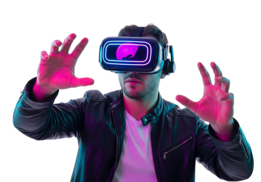 man playing video game with virtual reality headset, trying to touch something with hands in metaverse
