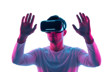 man playing video game with virtual reality headset, trying to touch something with hands in metaverse
