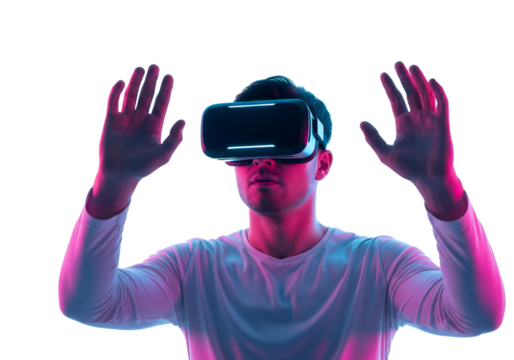 man playing video game with virtual reality headset, trying to touch something with hands in metaverse
