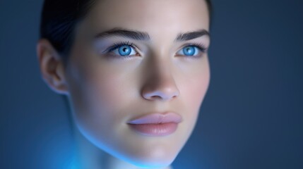 Fototapeta premium Close-up of a woman with striking blue eyes and soft lighting.