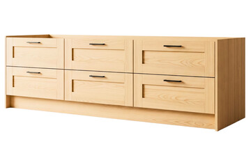 Light oak wood cabinet with six drawers and black handles isolated on a transparent background