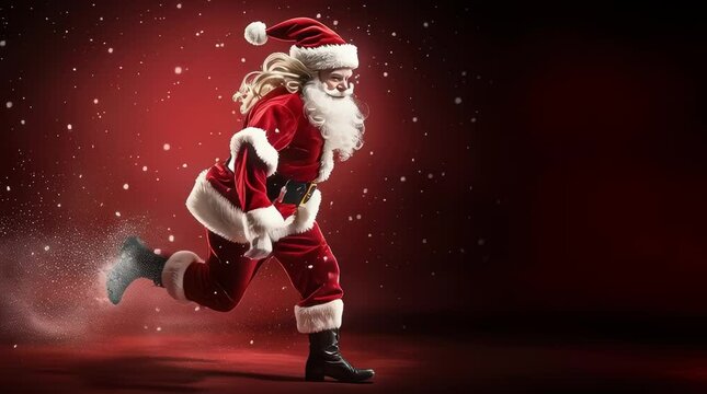 Running Santa adult man wears red suit with white beard on dynamic red background with falling snow